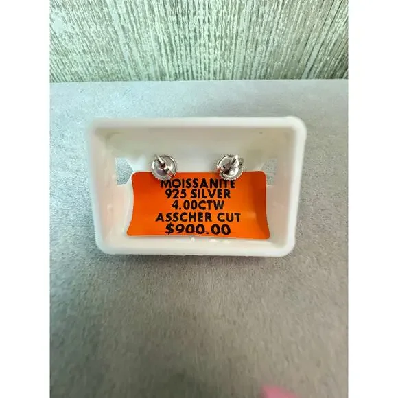 Brilliant 4CTW Moissanite Asscher Cut 925 Silver Earrings - Picture 2 of 5
